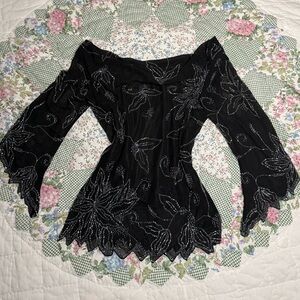 Jkara vintage Y2K beaded silver and black off the shoulder bell sleeve top